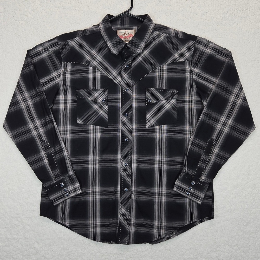 Wrangler American Cowboys Plaid Western Pearl Snap Shirt Men‎ Large Black White